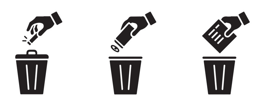 Vector icons set showing hand placing different types of trash items into a garbage bin container.