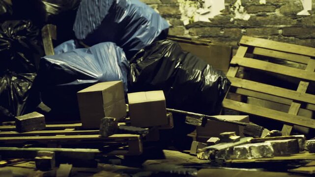Shadows dance among heaps of trash and discarded furniture in a narrow alley. Piles of refuse tell a tale of neglect and the forgotten stories of a bustling city.