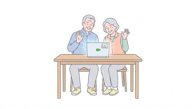 Senior elderly couple having a video call on a laptop computer vector illustration. Minimalist flat line art of older people using technology isolated on white background.