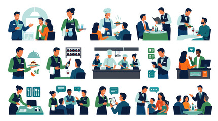 Fototapeta premium Flat Style Vector Icons of Restaurant Service, Waiter and Chef Activities