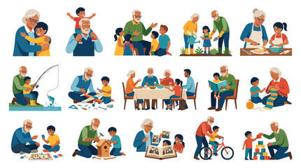 Fototapeta premium Grandparents and grandchildren in various activities, flat illustration