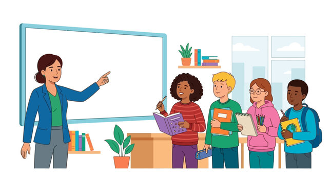 Teacher with group of students in front of blank whiteboard