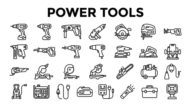 A comprehensive collection of linear power tool icons for construction, DIY projects, and hardware store branding.