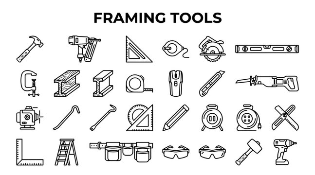 A comprehensive collection of linear icons representing professional framing and construction tools.