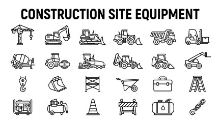 Construction site equipment icons set. Heavy machinery and building tools vector collection. © MSTSUFIA