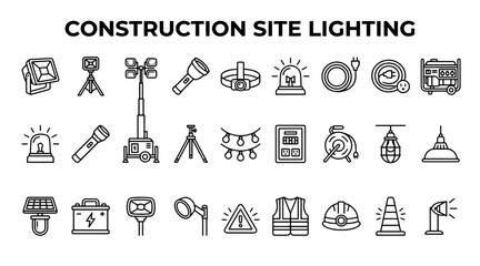 Fototapeta premium A collection of line art icons representing construction site lighting, power tools, and industrial safety equipment.