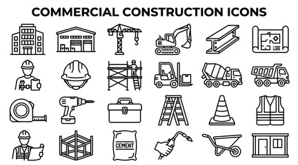 A collection of professional construction and engineering line icons for industrial design projects. © MSTSUFIA