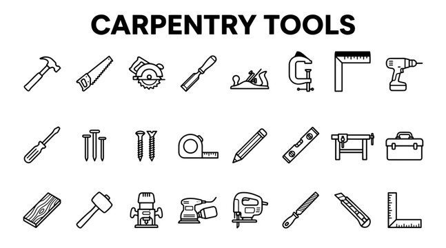 A collection of linear carpentry and woodworking tool icons for construction, DIY, and home improvement projects.