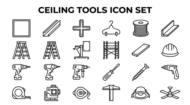 A collection of linear icons for ceiling installation, construction tools, and home renovation hardware.
