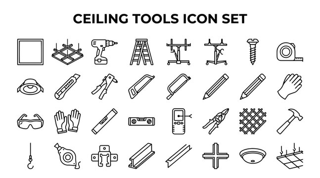 A professional collection of line art icons for ceiling construction, renovation, and interior hardware tools.