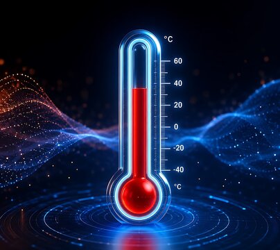 Digital Thermometer Displaying High Temperature with Abstract Data Waves and Glowing Blue Rings