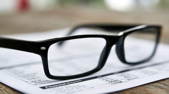 Business Eyewear Resting on Financial Report Document, Symbolizing Analysis and Insight