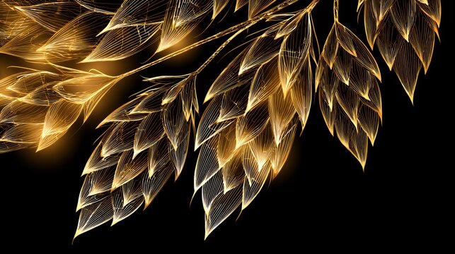 Elegant golden leaves line art glowing overlay background for luxury invitations abstract floral festive design