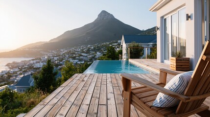 Naklejka premium Luxury infinity pool overlooking scenic coastal city and majestic mountain at golden hour