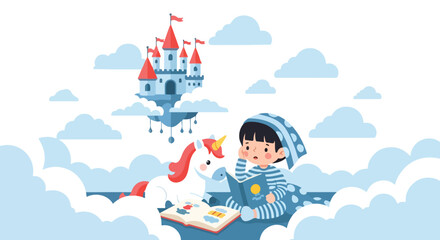 A young child in striped pajamas and a nightcap sits on clouds reading a story to a magical unicorn near a floating fairy tale castle. © Coey