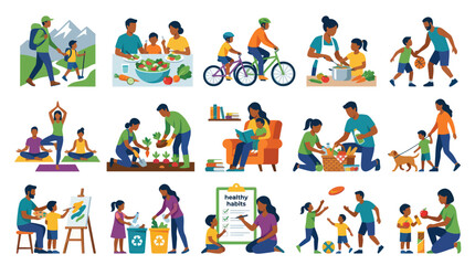Fototapeta premium Healthy Habits and Family Wellness Flat Vector Illustration Set. People Engaging in Daily Lifestyle Activities