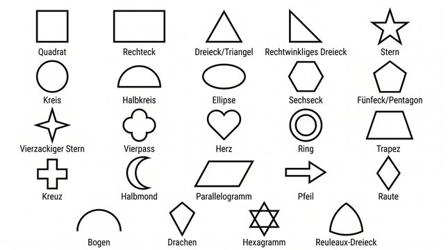 Grid of geometric shapes labeled in German including square, triangle, circle, star, heart, arrow, and complex polygons.