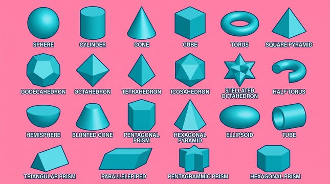 Colorful grid of twenty labeled three‑dimensional geometric solids including sphere, cube, pyramid, prism, Polyhedra, and complex forms.