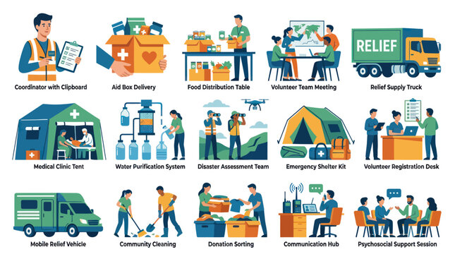 Disaster Relief and Humanitarian Aid Operations Flat Design Vector Illustrations Set