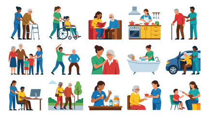 Fototapeta premium Elderly Care Services Flat Vector Illustration Set. Senior Assistance, Home Care, and Healthcare Icons Collection.
