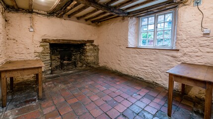 Obraz premium Rustic stone fireplace and terracotta floor in an old, empty room with wooden tables and beamed ceiling