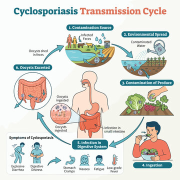 Cyclosporiasis as a foodborne parasitic infection caused by Cyclospora cayetanensis spreading through contaminated food or water as an outbreak of parasitic infections explosive watery diarrhea severe