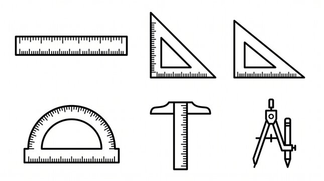 Black silhouettes of drafting and geometry tools including ruler, triangles, protractor, T‑square, and compass arranged in two rows.