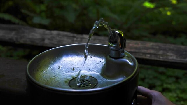 Water pouring from forest drinking fountain as hand presses button