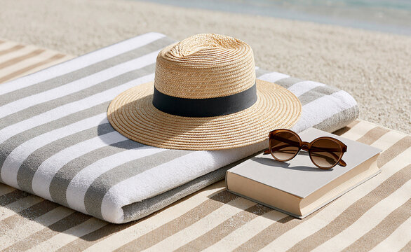 Straw sun hat and sunglasses on striped beach towel by the sea
