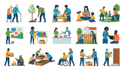 Fototapeta premium Diverse People Volunteering and Helping Community, Flat Vector Style