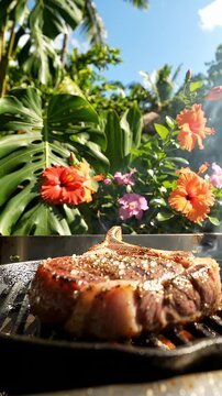 Steak Sizzling on Outdoor Tropical Grill - A juicy steak with salt and pepper is grilled outdoors amidst lush green tropical foliage and vibrant hibiscus flowers.