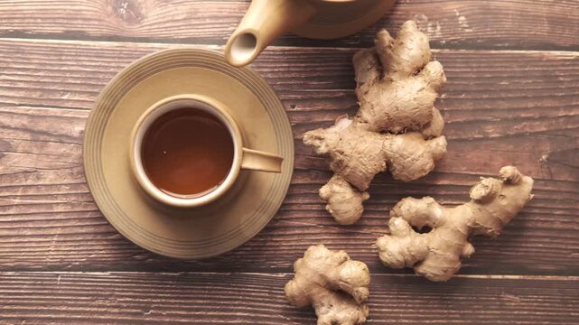 A captivating high-angle shot showcasing a cup of ginger tea, a rustic teapot, and fresh ginger roots on a wooden table, with cinematic motion
