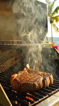 Juicy Steak Sizzling on Outdoor Grill in Tropical Sunshine - A thick, marbled steak sears over glowing coals on a barbecue grill, releasing aromatic smoke.