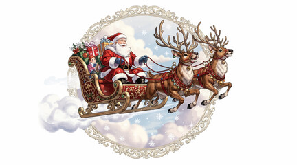 Naklejka premium Santa Claus in sleigh with reindeer flying through clouds