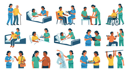 Fototapeta premium Medical Care Vector Icons: Nurses Assist Patients, Health Check, Therapy, Exercise