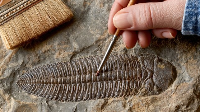 Close-up of paleontologist's hand carefully excavating ancient trilobite fossil with brush