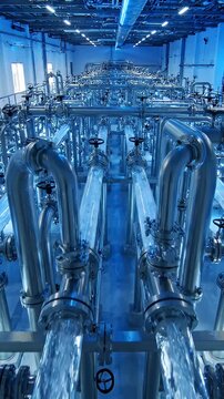 Industrial Pipeline Water Flow in Glass Tubes - This video shows an overhead view of a modern factory interior with a complex network of industrial pipelines.