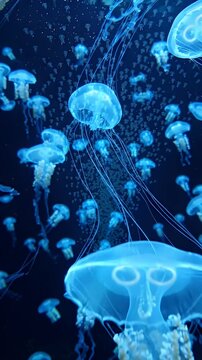 Swarm of Glowing Blue Jellyfish in Deep Ocean Fantasy - A mesmerizing school of luminous blue jellyfish drifts through the dark ocean depths, their ethereal glow creating a dreamy, fantasy-like