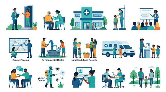 Public Health and Community Healthcare Flat Vector Illustration Set for Medical Services  Wellness