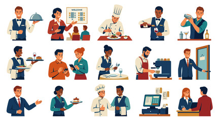 Fototapeta premium Flat Style Icons of Restaurant and Hospitality Staff, Food Service Professionals