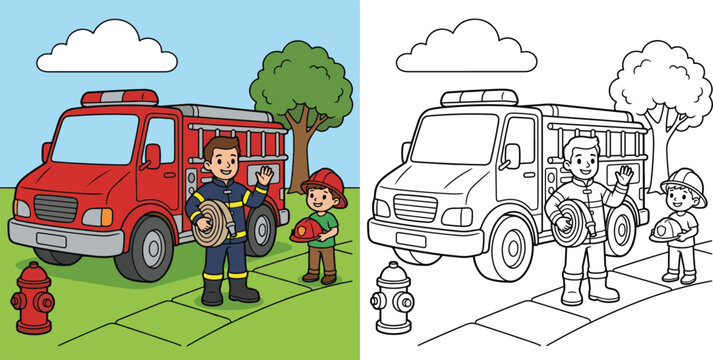 friendly firefighter standing beside a modern fire engine transport vehicle cartoon clipart and lineart print vector illustration for school student educational color coloring book