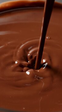 Molten Chocolate Pouring Creating Ripples - A stream of rich, molten chocolate is poured into a dark, glossy surface, creating mesmerizing ripples and waves.