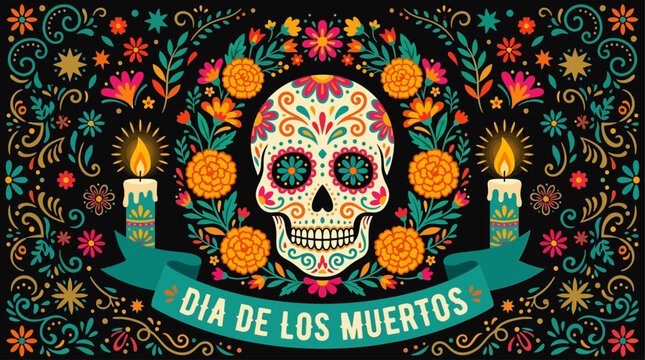 Decorative sugar skull surrounded by colorful flowers and candles inspired by Dia de los Muertos tradition. Ideal for posters, greeting cards, banners, invitations, wall art.
