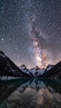 Milky Way Over Snow-Capped Mountains and Reflecting Lake - A stunning view of the Milky Way galaxy stretches across a clear night sky above majestic snow-capped mountains.