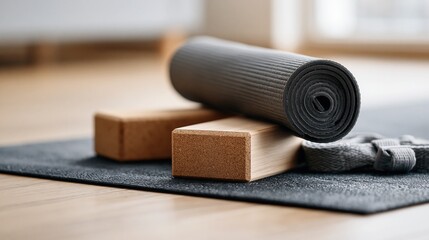 Obraz premium Rolled Yoga Mat Resting on Cork Blocks with Strap on Dark Exercise Mat Indoor