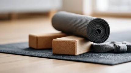 Rolled Yoga Mat Resting on Cork Blocks with Strap on Dark Exercise Mat Indoor © Generative AI