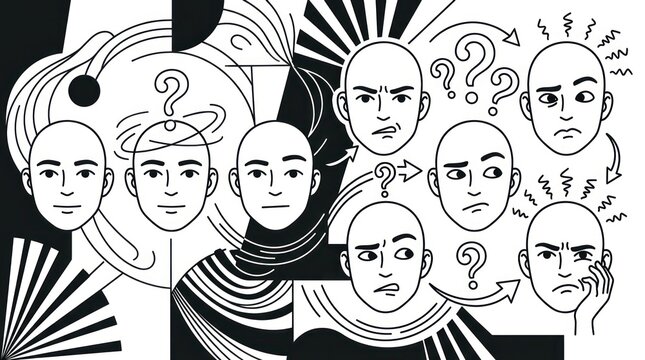 Confused faces with question marks around.
