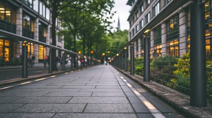Obraz premium Urban walkway leading through a city street lined with trees and illuminated buildings at dusk