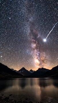 Milky Way Galaxy Over Mountain Lake Silhouette - A breathtaking long exposure panorama captures the majestic Milky Way galaxy stretching across a starry night sky, mirrored in the still waters of a