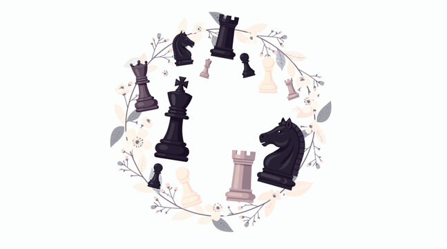 Strategic Chess Pieces Arranged in a Floral Wreath Frame - White Background